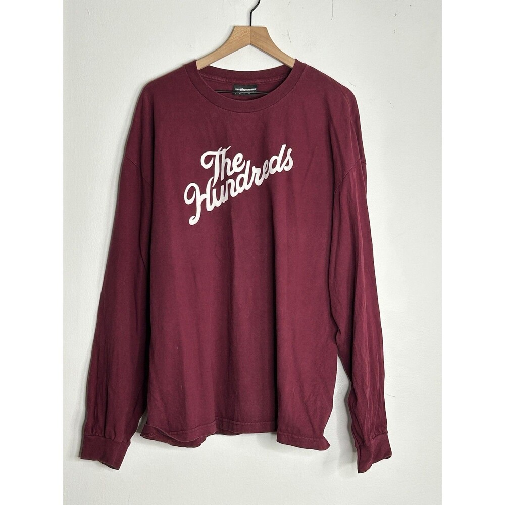 THE HUNDREDS T Shirt Long Sleeve men's 2XL burgundy Spell Out Crew Neck Maroon